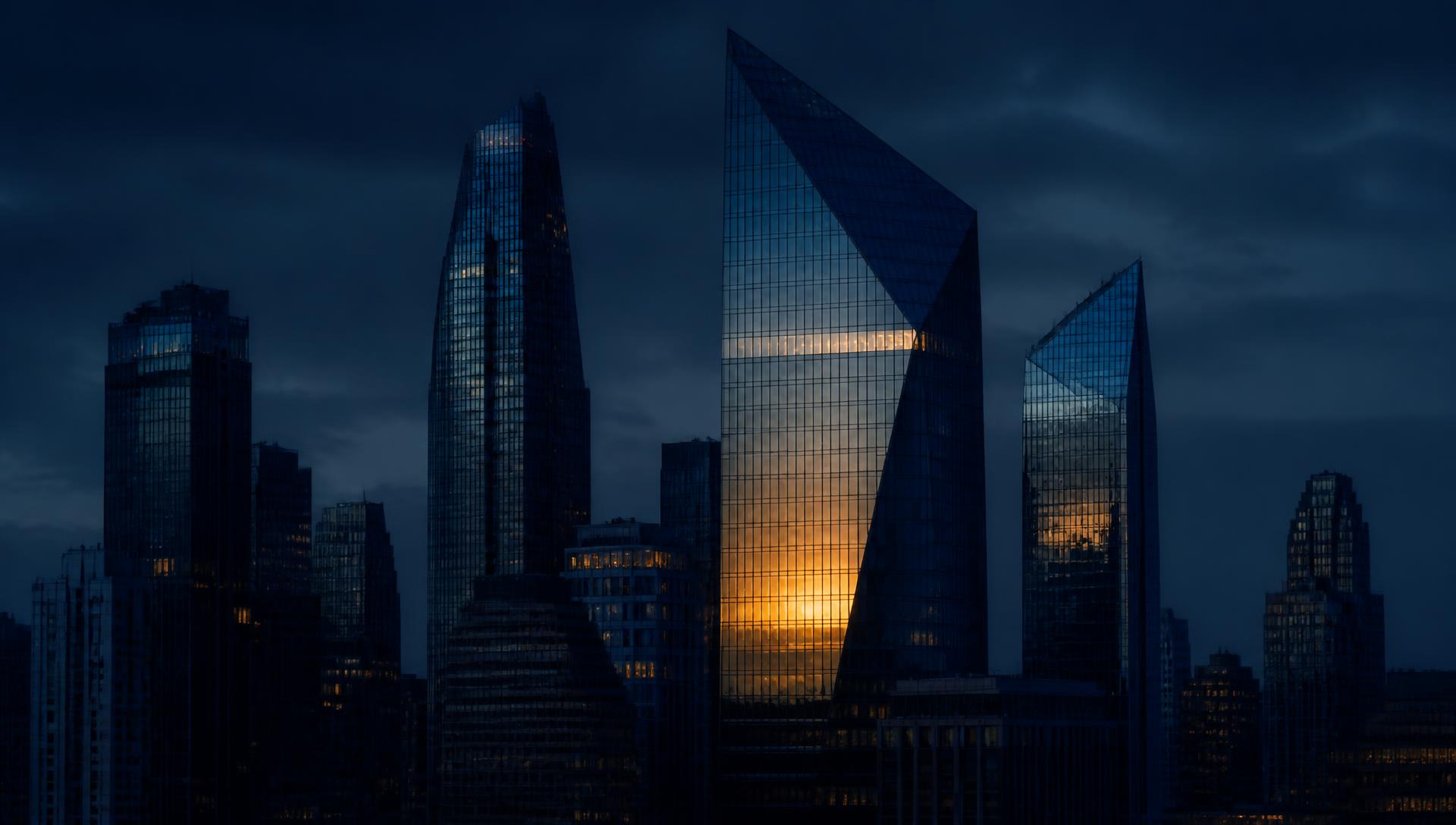 Financial district skyline at dusk
